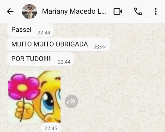 Aprovação em seleção acadêmica — mensagem de aluna